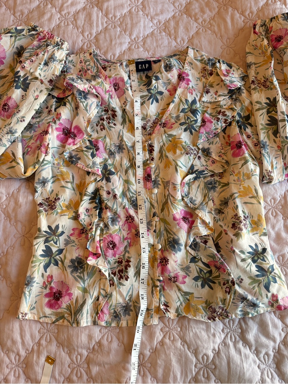 GAP Cream Floral Ruffle V-Neck Blouse with Pink & Yellow Flowers - Picture 5 of 5